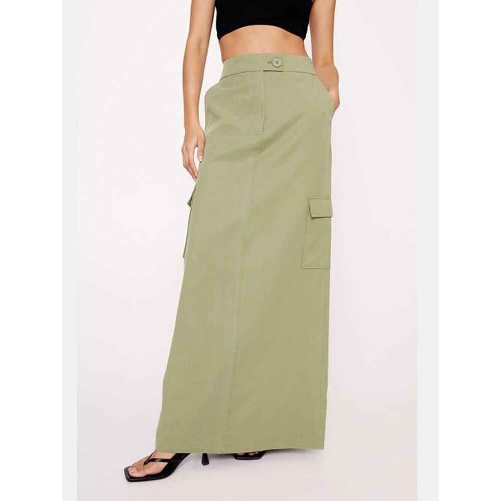 Nasty Gal Cargo Maxi Skirt Olive Green Twill High Waist Utility Size 10 - Picture 3 of 12